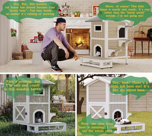 Outdoor Cat House Weatherproof Cats Shelter for Feral Kitten Pet Houses for 1-2 Small Animlas 2 Story Wooden Houses for Indoor Outdoor Cats with Escape Doors (29.7" D x 22.8" W x 35.4" H) - style: 29.7"D x 22.8"W x 35.4"H