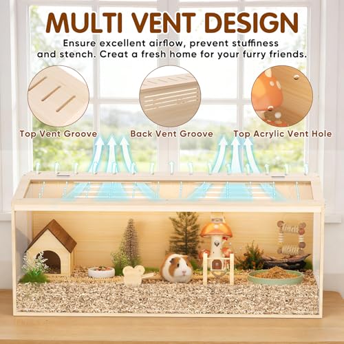 Wooden Hamster Cage, 48inch Large Hamster Enclosure with Openable Top & Stabilized Acrylic for Small Animals, Guinea Pig, Rabbit, Rat, 48" L x 20''W x 20''H Hamster Habitat with Multi-Vent - size: 48.0"L x 20.0"W x 20.0"H