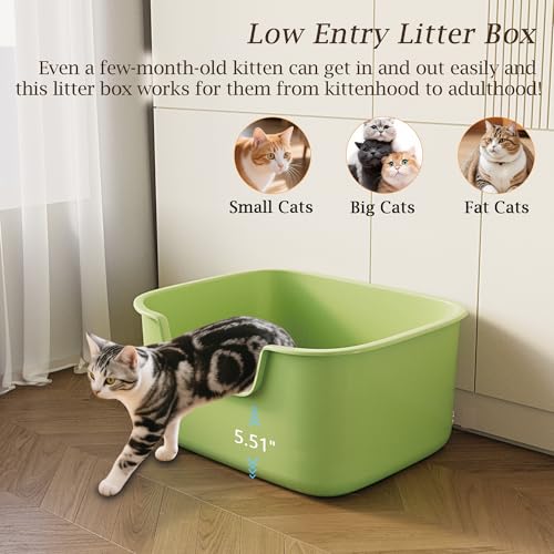 Large Cat Litter Box with High Sides, Side Entry Open Top Deep Tall Litter Pan, Kitty Litter Box for Indoor Small and Medium Cats, Green (Anti-Splashing) 19.7" L x 15.4" W x 8.6" H - color: Green
