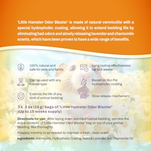 Hamster Odor Blaster | a New Generation Of Animal Bedding Deodorizer | Unique Slow Release Formula | Natural Fresh Scent - Lavender & Chamomile | Up to 15 Weeks Supply | 3 x 0.5oz bags