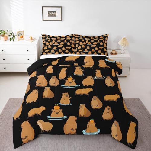 Erosebridal Capybara Comforter Set Gift for Girls Boys Kids,Cartoon Animal Bedding Set Twin Size Funny Mouse Rodent Bedding Comforter Sets Black Brown Capybara Decor Quilt with 1 Pillow Case - color: Multi 15, size: Twin