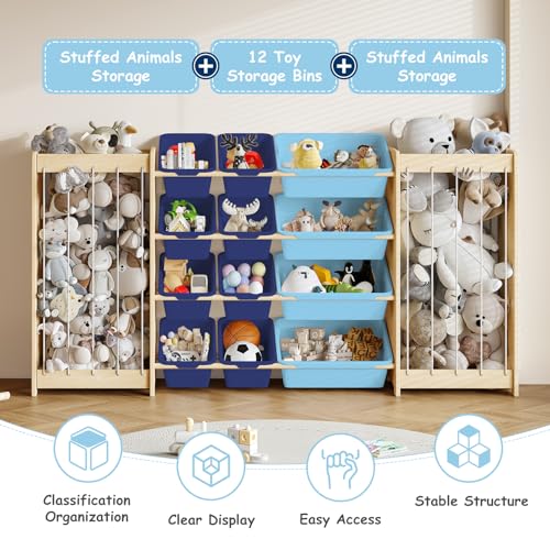 EXPERLAM Large Toy Storage Organizer, Wooden Stuffed Animal Storage & 12-Bins Toy Organizer, Double-Sided Plush Toy Holder Featuring Thicker Ropes, Space Save Bedroom Nursery Playroom Storage, Blue - color: Blue, size: 64.4" L × 11" W × 31.5" H