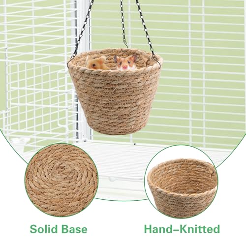 Natural Grass Rat Hammock for Cage, Handwoven Hanging Basket with Sturdy Chains for Small Animals Chinchilla Parrot Sugar Glider Mice, Rat Cage Accessories