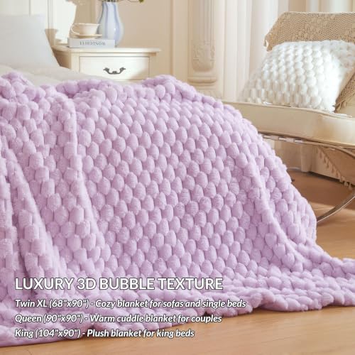 XeGe Luxury Bubble Fluffy Faux Rabbit Fur Bed Blanket King Size, Lavender | 104"x90", Double-Sided, No-Shed, Washable Buttery Soft Light Purple Blanket for Master Bedroom, Couples & Family Snuggling - color: Lavender, size: King (104" X 90")