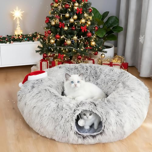 Cat Tunnel Bed for Indoor Cats, Plush Donut Tunnel with Washable Cushion | Peekaboo Cat Hideaway Cave Toy for Kittens, Puppy, Rabbit and Small Pets, Grey
