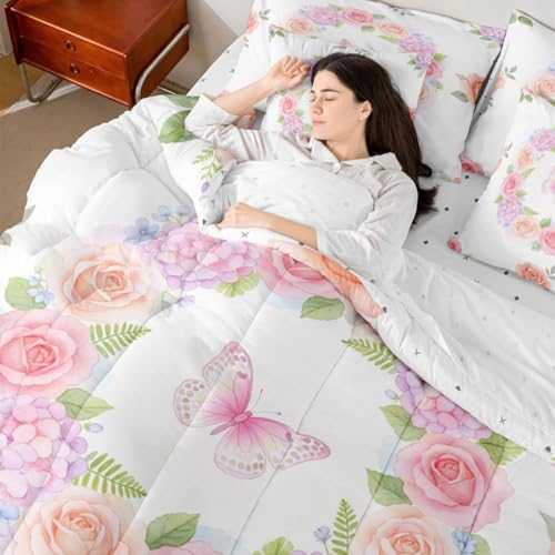 Erosebridal Girls Butterfly Full Comforter Set with Sheets 7 Piece Butterflies Floral Bed in A Bag Green Pink Garden Botanical Flowers Bedding Sets for Kids Girls Modern Minimalist Aesthetics Bed Set - color: Green White Pink, size: Full