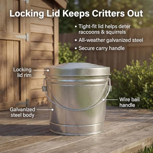 Galvanized Steel Locking Lid Trash Can - 6-Gallon Rodent-Proof Outdoor Storage Bin with Weather-Resistant Lid, Pet Food, Bird Seed, Charcoal Storage, Heavy Duty Metal Can
