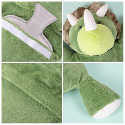 HomeTop Premium Classic Rubber Hot Water Bottle with Triceratops Cover | Natural rubber hot water bottle,Long-lasting heat retention,Snuggly all-night warmth - color: Gray/Triceratops