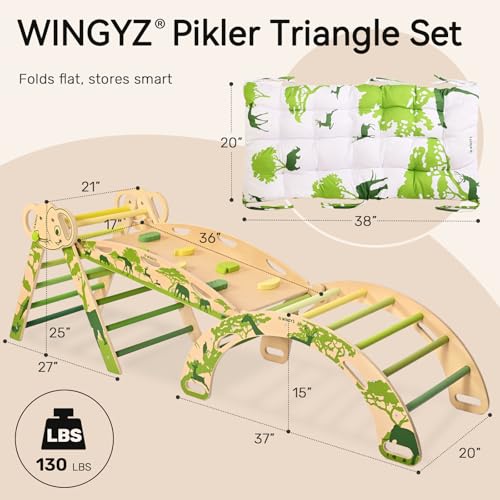 Pikler Triangle Set, Montessori 8-in-1 Climbing Set with Cushion | Wood Jungle Gym for 18M-5Y, Foldable, Reversible Animal Slide, Patent-Protected, 2.35in Gap, ASTM F963, Green - color: Green