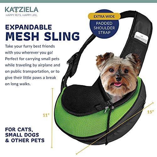 Expandable Pet Carrier Sling Bag - Small Dog, Puppy and Cat Carrier Front Shoulder Backpack w/Harness Strap - Carrying Pouch for ESA, Animal Travel - PU Leather Bottom, Mesh Pocket by Katziela (Green) - color: Green