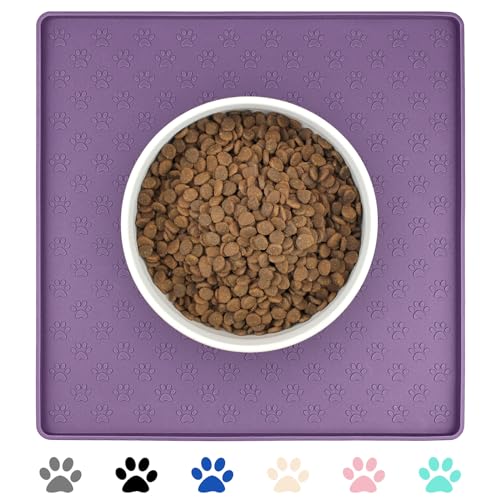 Ptlom Dog Food Mat Anti-Slip Bowl Mats for Food and Water, Waterproof Silicone Pet Placemat with High Raised Edges, Non-Slip Puppy Feeding Tray for Small, Medium Large Cats Dogs, Purple, 11.8"x11.8" - color: Purple, size: 11.8"L x 11.8"W