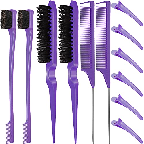 Remerry Nylon Hair Brush Set for Women & Girls, 12 Pieces Including 3 Row Salon Teasing Brushes, Double Sided Hair Edge Brush, Rat Tail Combs, Duckbill Clips - Purple - color: Purple