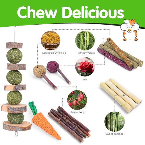 Bunny Toys for Rabbits Hamster/Guinea Pig Toys Natural Timothy Hay Sticks | Timothy Hay Sticks chew Treats and Balls Toys for Rabbit, Bunny, chinehila, Guirea Pig, Hamster, Rabbit Teeth Care - size: 24Pack-Set