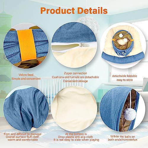 BWOGUE Bunny Tunnel Bed, 2-in-1 Collapsible Rabbit Tunnel Hideout with Mat | Rabbit Tunnel for Indoor Bunnies, 46.8 in Length, Removable Mat, Ball Toy for Play, Soft Suede Fabric, Cats Guinea Pigs - color: Blue