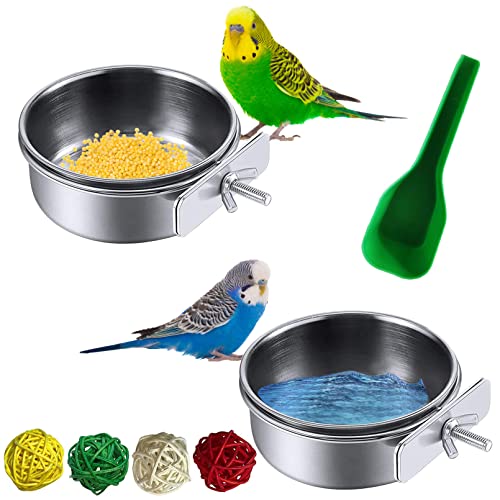 kathson Parrot Feeding Dish Cups,Stainless Steel Bird Food Water Bowl Parakeet Feeder Birds Cage Ball Toys with Clamp Holder for Cockatiel Macaw Budgies Small Animal Chinchilla (7 Pcs) - size: 【S:3.9x1.6 Inches】
