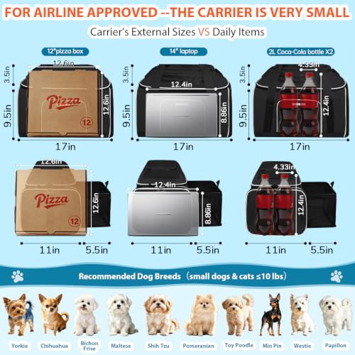 Top and Side Expandable Small Pet Carrier Airline Approved, Black | 17"Lx11"Wx9.5"H, for Alaska Airlines, Pets Under 10 Lbs, Lockable Zippers,Soft-Sided, Anti-Scratch Mesh - color: Black, size: 17.0"L x 11.0"W x 9.5"H
