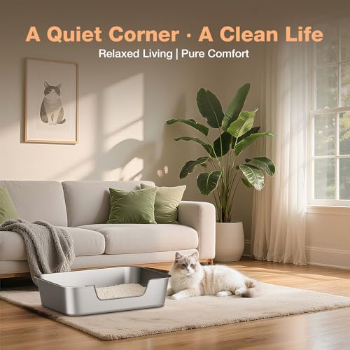 Qiuma XL Stainless Steel Cat Litter Box, Low Entry, 27.5 x 19.6 x 7.8in | 3.15in Low Entry for Kittens, Senior and Injured Cats; Premium Stainless Steel, Odor-Free, Non-Stick and Easy to Clean - size: 27.5"L×19.6"W×7.8"H