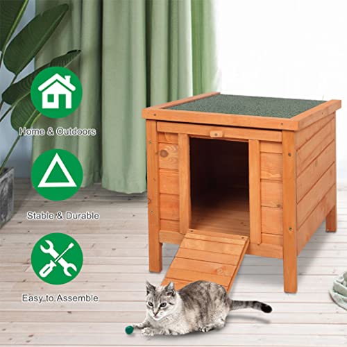 Cat House Outside, Weatherproof Wooden Bunny Rabbit Cat Hutch Outdoor Pet Cage Shelter Feral Cat House, Small Pet House and Habitats - color: Natural Wood