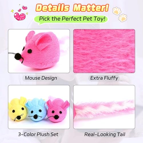 Cat Toy, 3 Pack Plush Catnip Cat Mouse Toy with Colorful Long Dangling Tails, Interactive Cat Toy 2.36” Soft Furry Mice Kitten Toy for Bored Indoor Adult Cat Chew Biting Carry Fun Play