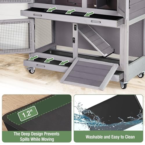 Rabbit Hutch Indoor or Outdoor, Wooden Rabbit Cage with Two Removable Trays, 2-Story Bunny Cage with Wheels, 36’’ Guinea Pig Cage (Grey) - color: Grey, size: 36.0"L x 17.7"W x 36.4"H