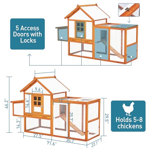 Wooden Chicken Coop & Rabbit Hutch – Portable Hen House for 4-6 Chickens with 5 Access Doors, Nesting Box, Removable Tray, & PVC Roof, Backyard Chicken House for Rabbits, Ducks, Cats, Guinea Pigs