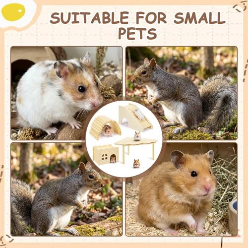 BreezeHug 4 Pcs Hamster Cage Accessories Hamster Platform Hideout Wooden Tunnel Ladder Playhouse Game Climbing Toy with Platform for Pets Dwarf Syrian Mice Degus Gerbils Squirrel(Wave) - style: Wave