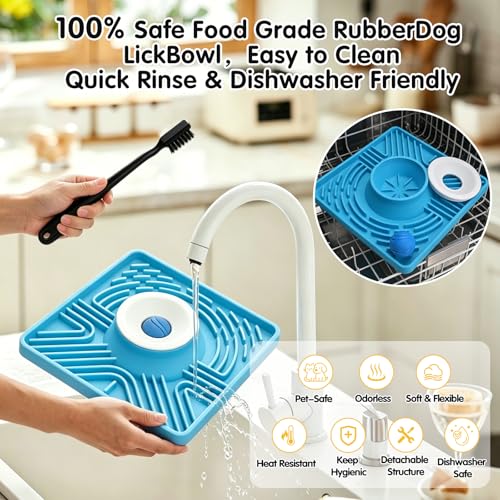 Slow Feeder Dog Bowl with Rolling Ball, 6 to 7 Cup Large Capacity, Anti-Slip Silicone Lick Mat for Liquid Treat,Interactive Puppy Licking Toy for Large, Medium, Small Dogs and Cats, Blue