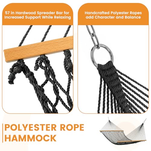 Lazy Daze 13 Ft Double Handwoven Polyester Rope Hammock with Tree Straps | Mesh Hammock for 2 Person, with Spreader Bar, Carabiners, Chains for Outside, Backyard, Patio, 450 Lbs Capacity - color: Grey