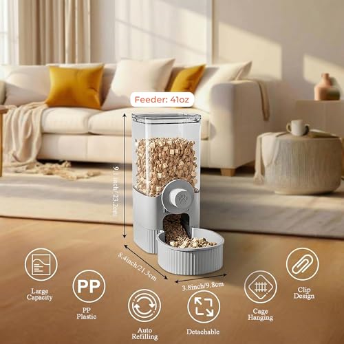 41 oz Hanging Gravity Feeder for Small Animals, Rabbits & Guinea Pigs | Adjustable Cage Height | No-Open-Cage Refill | Space-Saving | Clear Reservoir | Versatile Food Compatibility - color: Grey