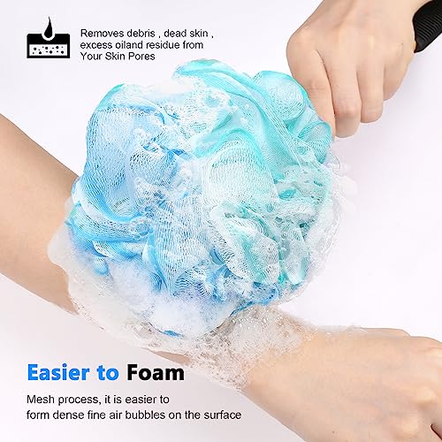 FORENEE Blue, Green and White Loofah on a Stick, PE Mesh Back Scrubber | Soft PE mesh for rich lather and gentle cleansing; water-resistant coated wood handle, non-slip rubber grip and hanging loop - style: Blue Green White