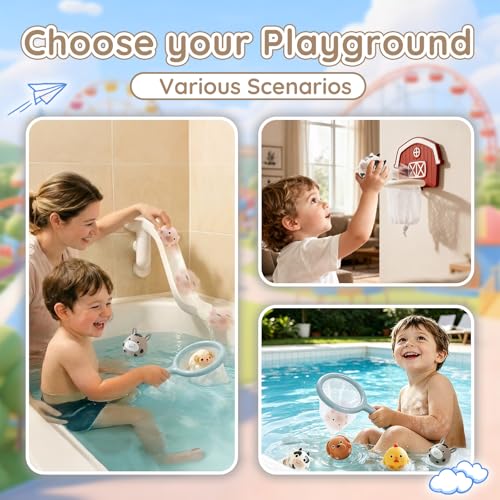 No-Hole Farm Animal Bath Toys for Kids Ages 1-3, Water Slide Toys | Bath Basketball Hoop, Fishing Net, Storage Bag, Toddlers Sealed Bathtub Toys, Shower Pool Play Set, Boys Girls Gifts