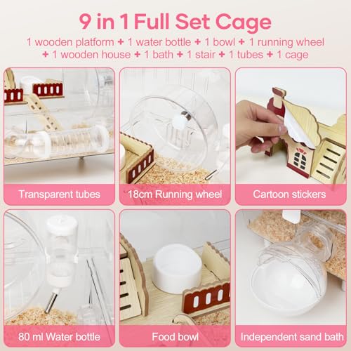 Large Hamster Cage 9 in 1 with All Accessories, 2-Layer Acrylic Hamster House with Full Transparent Viewing,Top Open Mouse Cage for Pet Mice,Hamster Habitat for Dwarf Hamster, Gerbils (Transparent) - color: Red Villa
