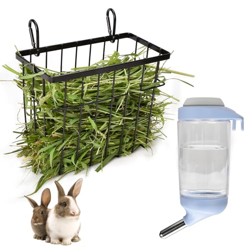 SANGLE SOPFFY Rabbit hay Feeder Small Animal Feeding Set with 350ml Water Bottle, Hay Rack for Guinea Pigs, Chinchillas - color: black-4