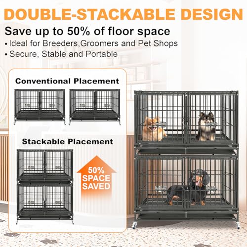 Homey Pet 43 inch Dog Crate Stackable Heavy Duty Dog Kennel Indoor, 2 Tiers | Dog Grooming Cage with Dual Front Doors, Auto Locks, Removable Grid & Tray, Wheels, Bowls, Ideal for Small and Medium Dogs - size: 43.0"L - 2 Tiers - 1P