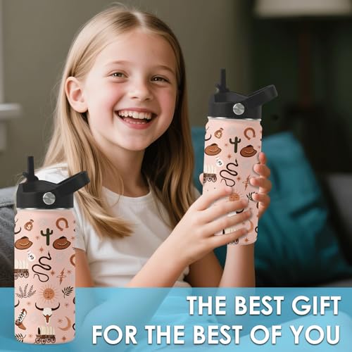 Western Cowboy Gifts - 16oz Kids Water Bottle with Straw Lid, Stainless Steel Insulated Tumbler, Leak Proof, BPA-Free, for Boys, School, Travel - Wild West Rodeo Cowgirl Kids Birthday Gifts Cups(1pc) - color: Cowboy1, size: 16 Ounces