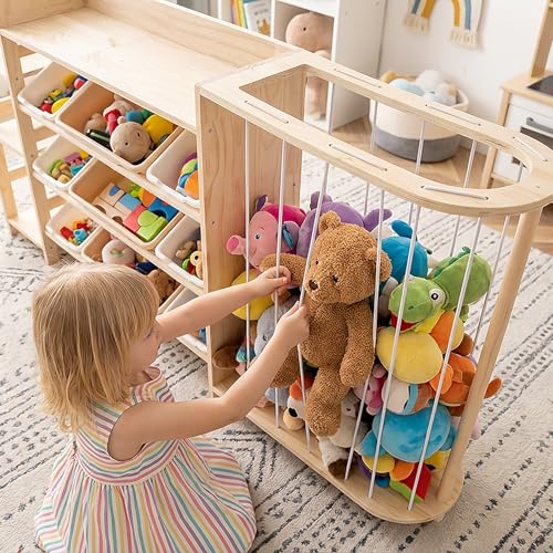 Amdermi Kids Toy Storage Organizer with Bookcase and Stuffed Animal Zoo, 4-in-1 Wooden Multi Bin Toy Shelf for Toddlers, Playroom, Bedroom, Nursery - color: Cream