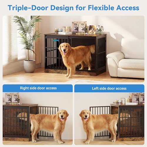 Petrova 47" Dog Crate Furniture with Name Tag, Heavy Duty Dog Kennel Indoor for Large/Medium Dogs, Wooden Dog Cage with Sliding Barn Door, Decorate House as TV Stand, End Table, Rustic Brown - color: Rustic Brown, size: 47.2"L x 27.9"W x 31.8"H