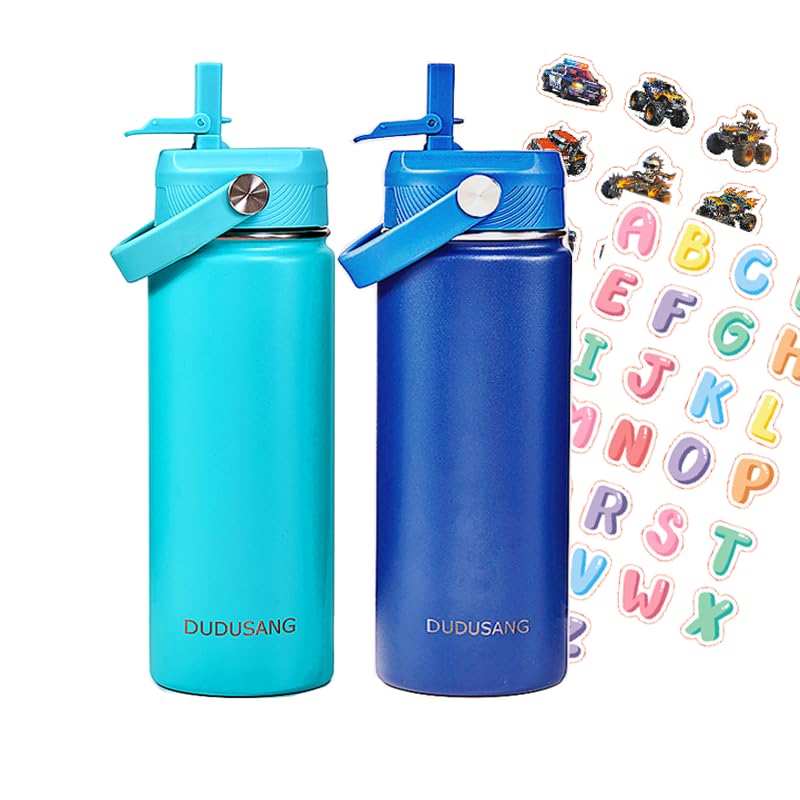 2Pack Kids Insulated Water Bottle - Bulk Stainless Steel Water Bottles for School Travel Leak Proof Vacuum Metal (Skyblue+Blue, 18 Ounces) - color: Skyblue+Blue