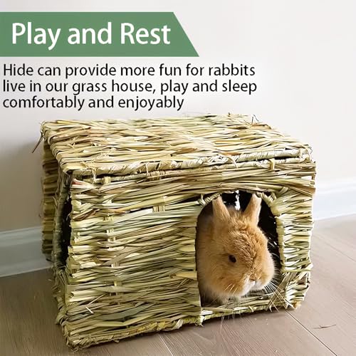 WUWEOT 2 Pack Large Grass Bunny House, Foldable Rabbit Hut, Play Hideaway Bed Hay Mat Chew Toy for Rabbit, Guinea Pigs, Gerbils, Hamster and Small Animals, 11"x8"x8"