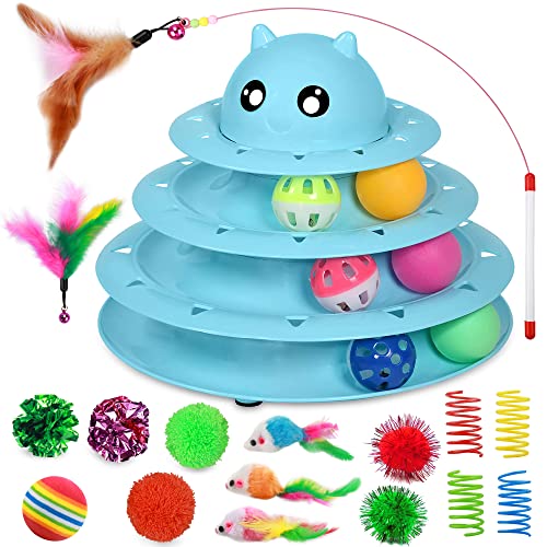UPSKY 20 PCS Cat Toys Set with Teaser, Mice, Spring, and Various Ball Toys | Puzzle Kitten Toys, Sturdy Structure, Detachable Design, Easy to Assemble, Anti-Slip, Reduces Boredom for Indoor Cats - color: B-20PCS-Blue