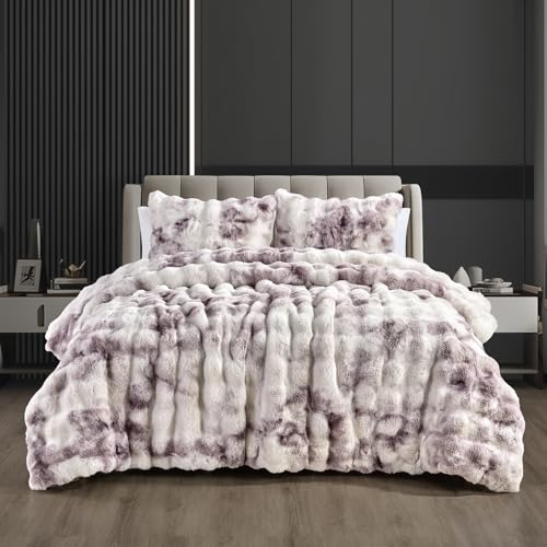 Fredsure Faux Rabbit Fur Comforter Set, 3 Pieces Tie Dye Purple King, Faux Rabbit Fur Face and Microfiber Reverse - color: Tie Dye Purple, size: King