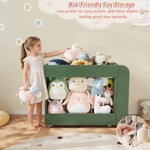 Wooden Kids Bookshelf, Toy Storage with Side Drawing Chalkboard | 3-in-1 Mobile Stuffed Animal Storage Zoo, Rolling Toy Box Container on 4 Wheels for Kids Room Playroom Nursery Bedroom, Green - color: Green