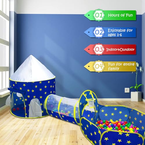 PigPigPen 3pc Kids Play Tent for Boys with Ball Pit, Crawl Tunnel, Princess Tents for Toddlers, Baby Space World Playhouse Toys, Boys Indoor& Outdoor Play House, Perfect Kid’s Gifts - style: 3PC Blue Star Play Tent
