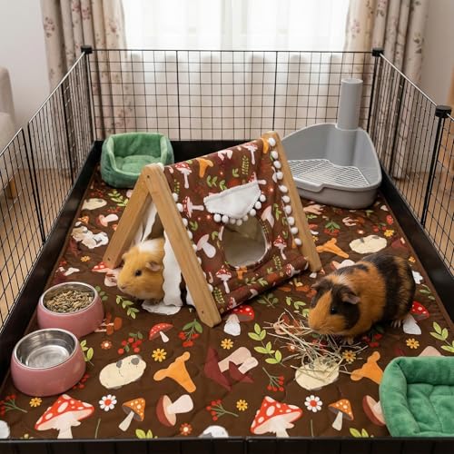 Guinea Pig Hideout No Bottom, Bamboo Small Animal House with Window, Rabbit Bunny Tunnel, Easy to Assemble for Hamsters Bunny Rat Chinchillas Playing Hiding, Guinea Pig Cage Accessories, Mushroom - color: Brown