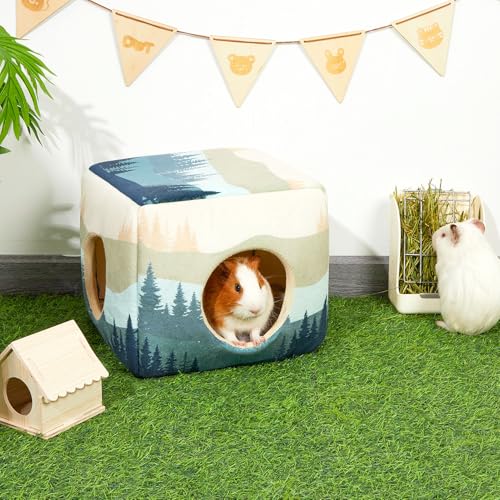 Bienbee Guinea Pig Hideout, Washable Plush House for Small Animals | Guinea Pig House with 2 Wide Entrances, Removable Mat and Non-skid Bottom,Warm and Cozy for Small Pet's Resting and Hiding - color: Forest Landscape