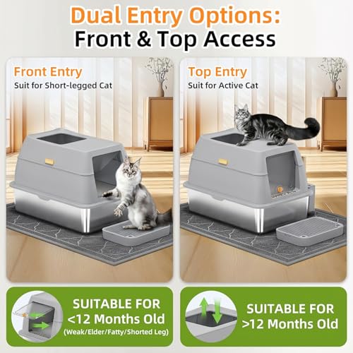 Stainless Steel Litter Box with Lid,Front Entry Top Exit Kitty LitterBox,Extra Large Enclosed Metal Cat Box with Litter Scoop & Litter Mat-Light Gray - color: Light Gray