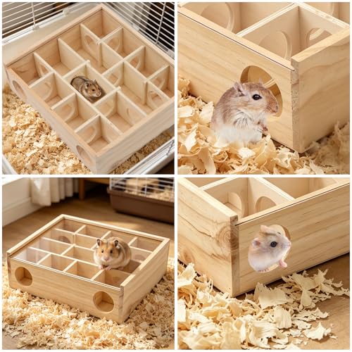 Wooden Maze Tunnel Toy with Cover Dwarf Hamster Maze Toy Safe for Small, Tiny, Mini Furry Animals, Child Gerbil Hole (Burlywood)