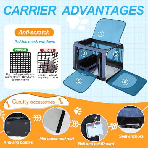 Extra Large Cat Carrier with Litter Box for Car Travel, Blue | 24"L x 17"W x 17"H, Seat Anchors and Lockable Safety Zippers, Collapsible Soft Sided, for 1 Medium-Large Cat or 2 Small Cats