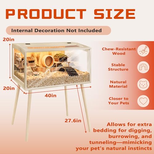 PROLEE Hamster Cage Wooden Chew Proof, Extra Large Mice and Rat Habitat Openable Top with Acrylic Sheets Solid Built Small Animal Cage with Leg Stands, 40 Inch Long - size: 40.0"L x 20.0"W x 47.5"H