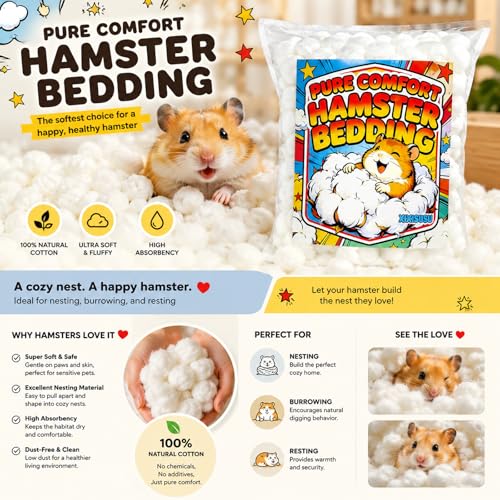 100% Cotton Bedding for Hamsters & Guinea Pigs - Small Animal Bedding, Natural Safe Pet Bedding for Cages, Rabbits, Guinea Pig, Bunny, Mouse, Rats, Birds, Chinchillas and Gerbils - 4 oz